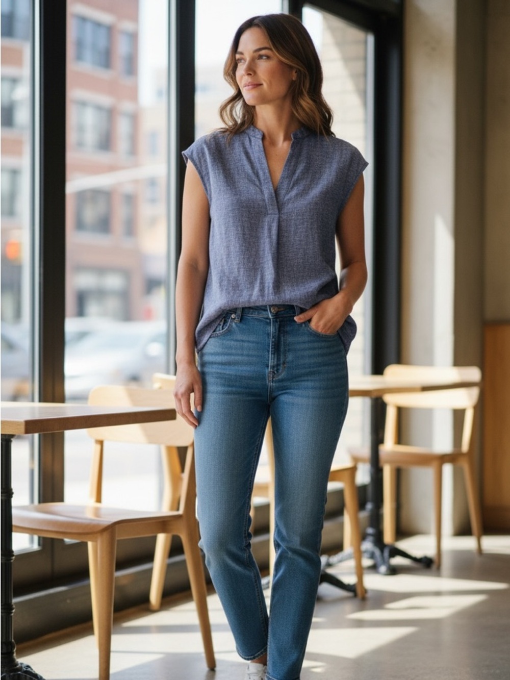 Jones New York Sleeveless Split-Neck Heathered Blue Tank
